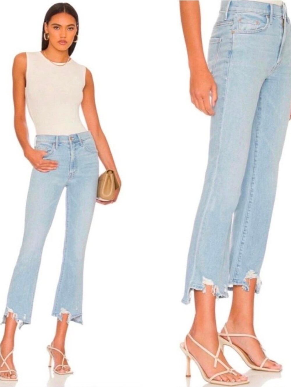 MOTHER The Insider Crop Step Fray Light Wash Denim Distressed Frayed Hem Jeans